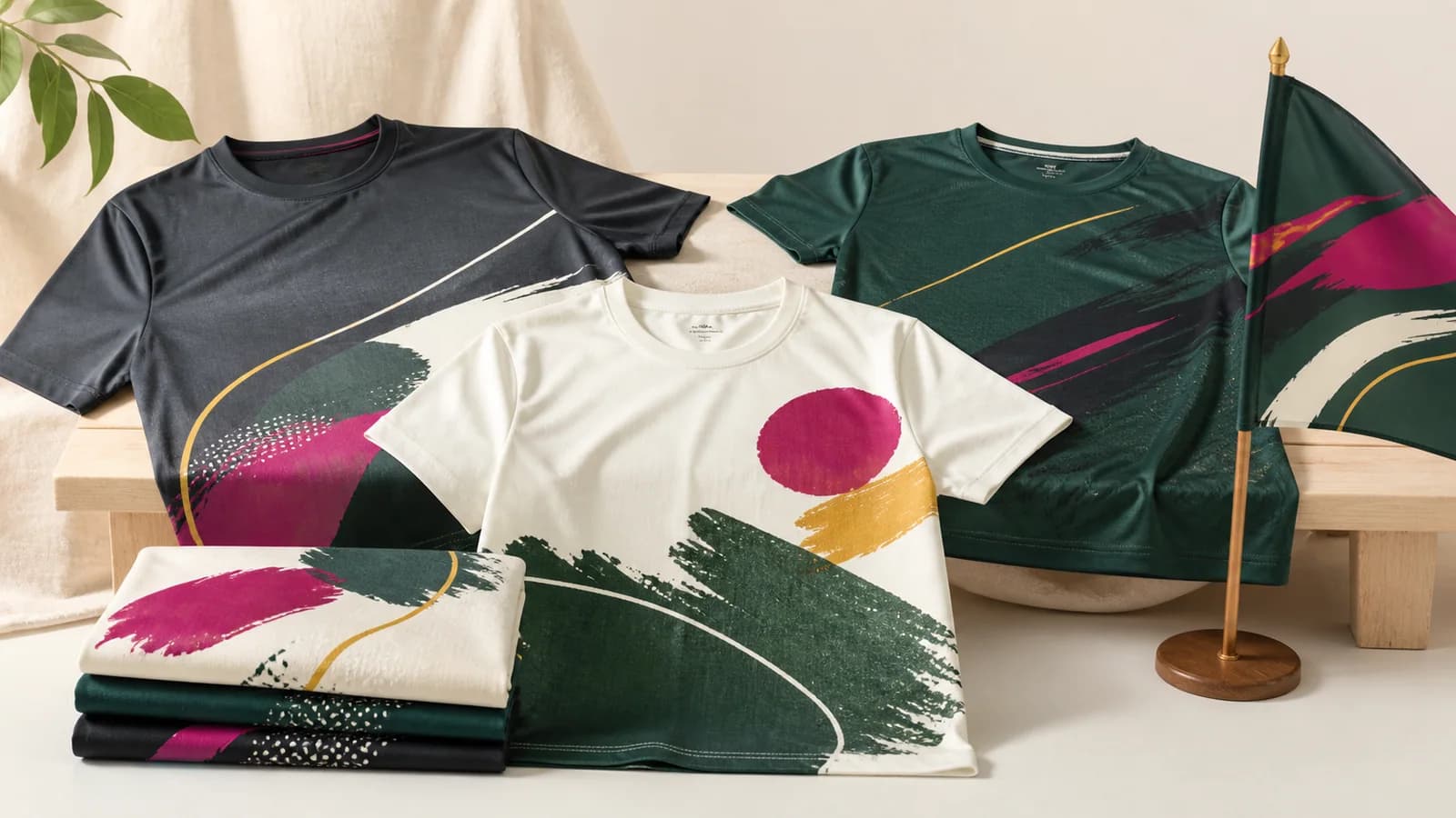Custom cotton shirts, performance tees, printed fabric, and a spirit flag arranged together