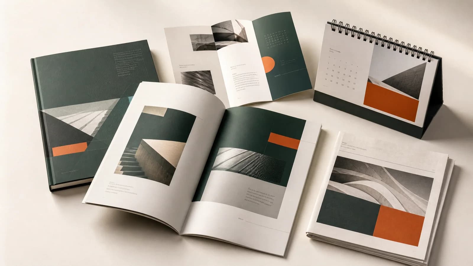 Booklets, annual reports, brochures, calendars, and newsletters arranged together