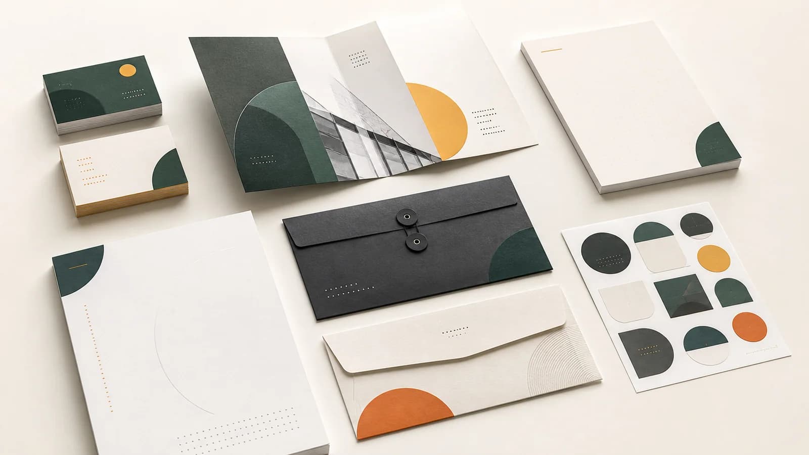 Business cards, flyers, letterheads, envelopes, notepads, and labels arranged together
