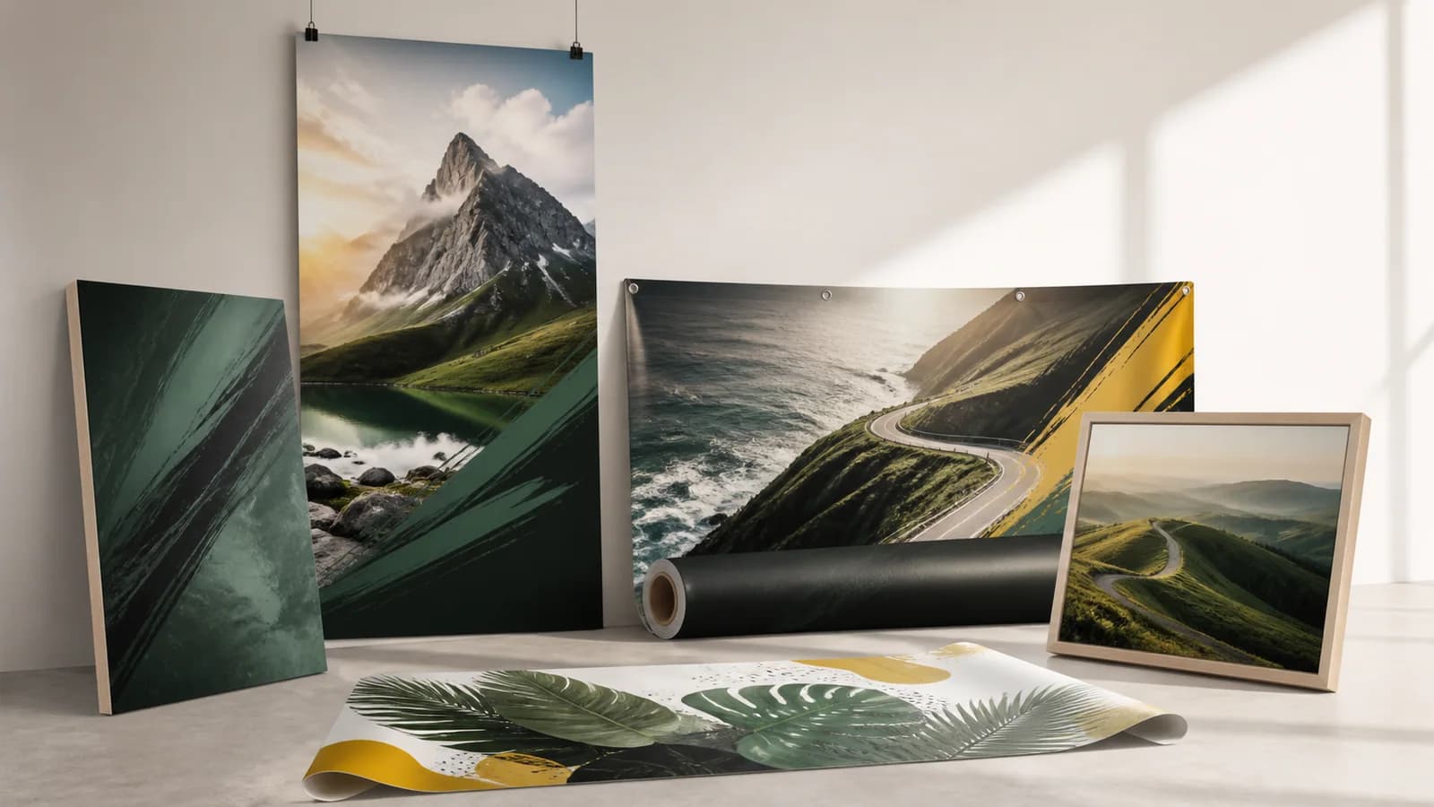 Posters, banners, display boards, canvas prints, and wall graphics arranged together